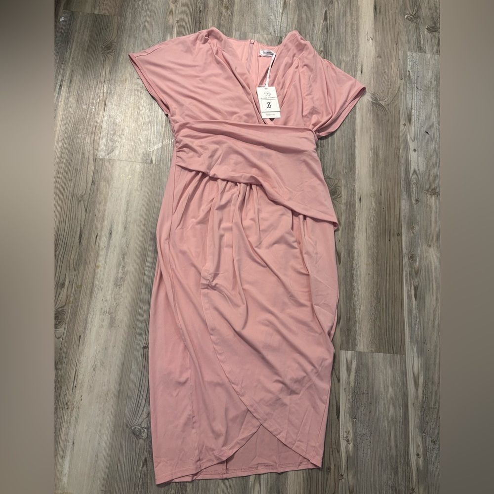 Jasambac Blush Pink Wrap Midi Dress Stretch Size L NWT
